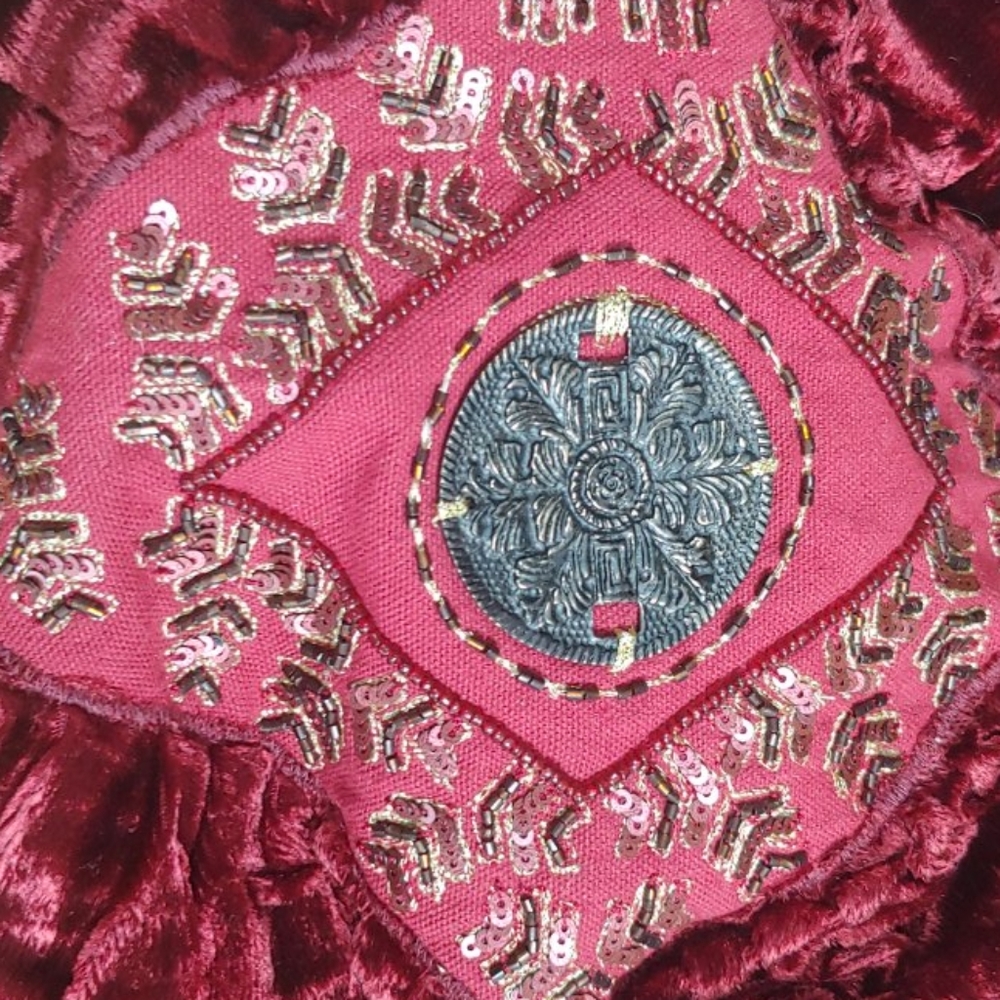 Hobo bag, velvet embroidered bag, deep merlot